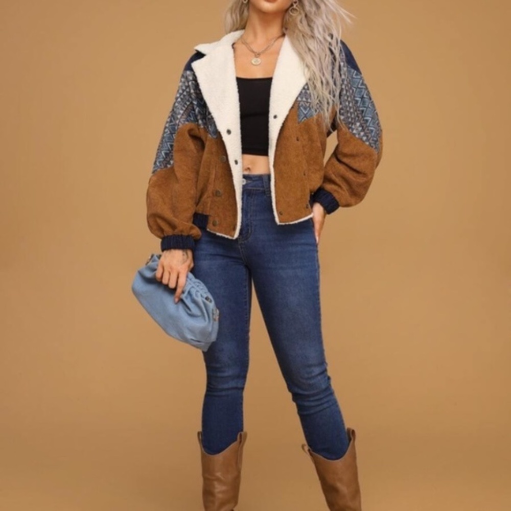 Camel Corduroy shearling line tribal Button Jacket - Picture 3 of 8